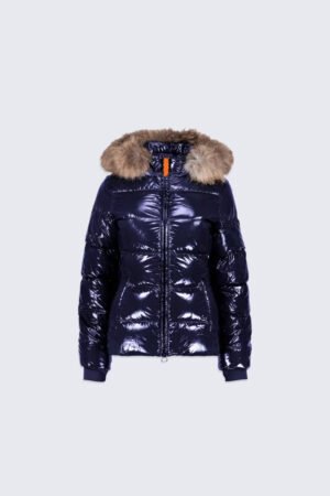 Alternative view of Doudoune glossy cintrée avec capuche en fourrure Olga Bright Dark Blue